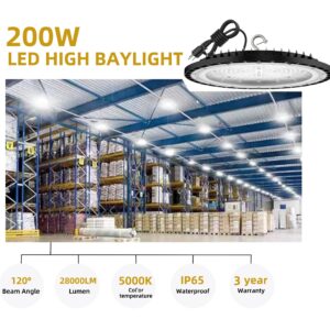 6 Pack UFO LED High Bay Light, 200W LED High Bay Light, 5000K,28,000LM, 5 ft Cable with US Plug UL Certified Plug, IP65 Commercial Warehouse Area Light for Wet Location Area, Workshop, Garage