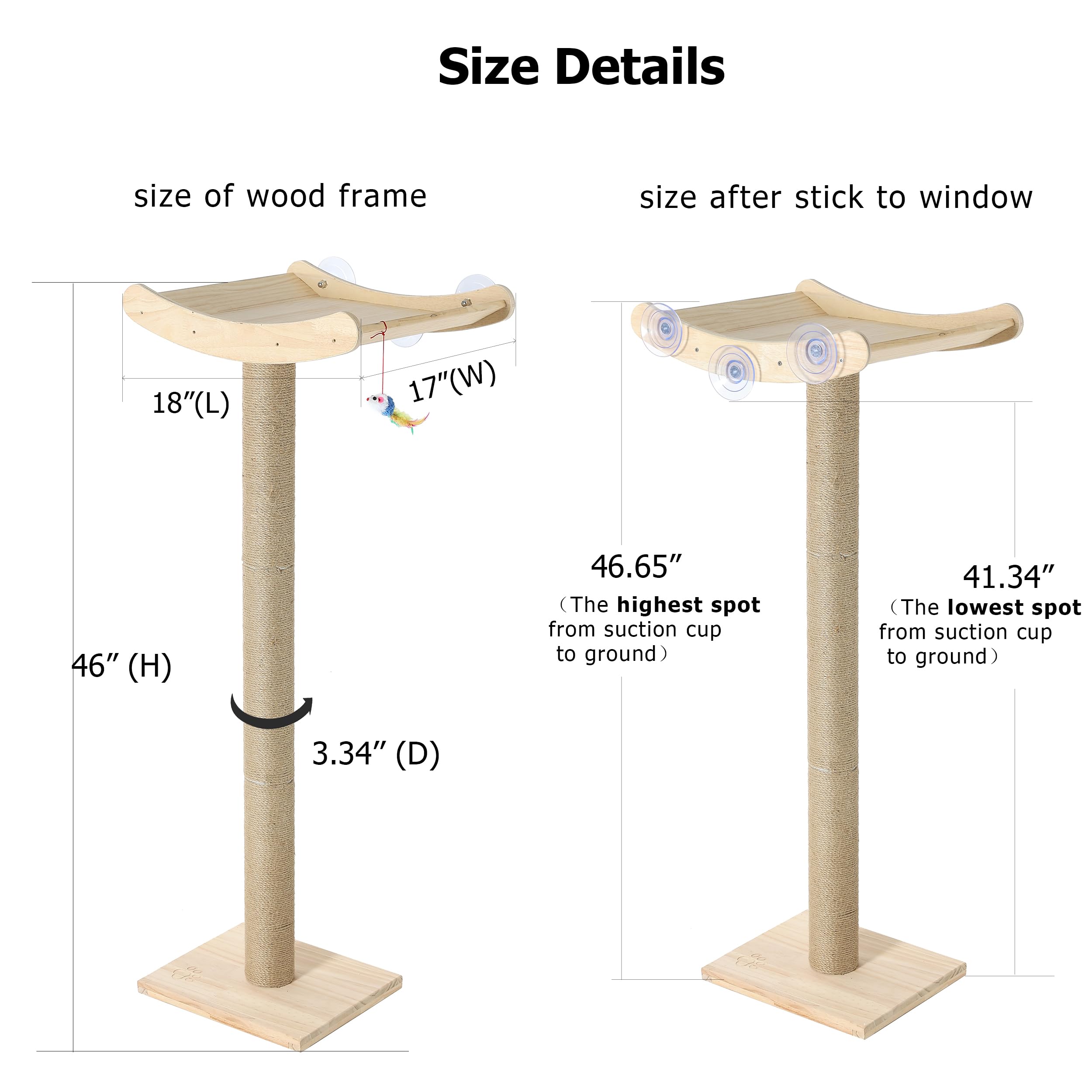 Window Cat Perch with Scratching Posts, 46" Wood Tree Bed for Large Inside Cats Climbing, Perching and Lounging, Mounted with 3 Strong Suction Cups (Wood Platform)