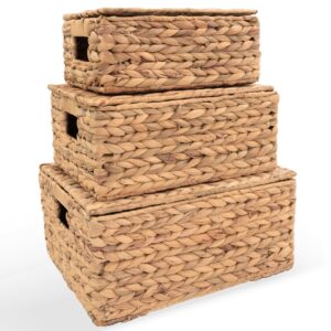 Wicker Storage Baskets with Lid, Basket With Lid Decorative Storage Rectangle 14"D X 11"W X 7"H Wicker Storage Basket With Lid Large Rattan Storage Box Hyacinth Baskets