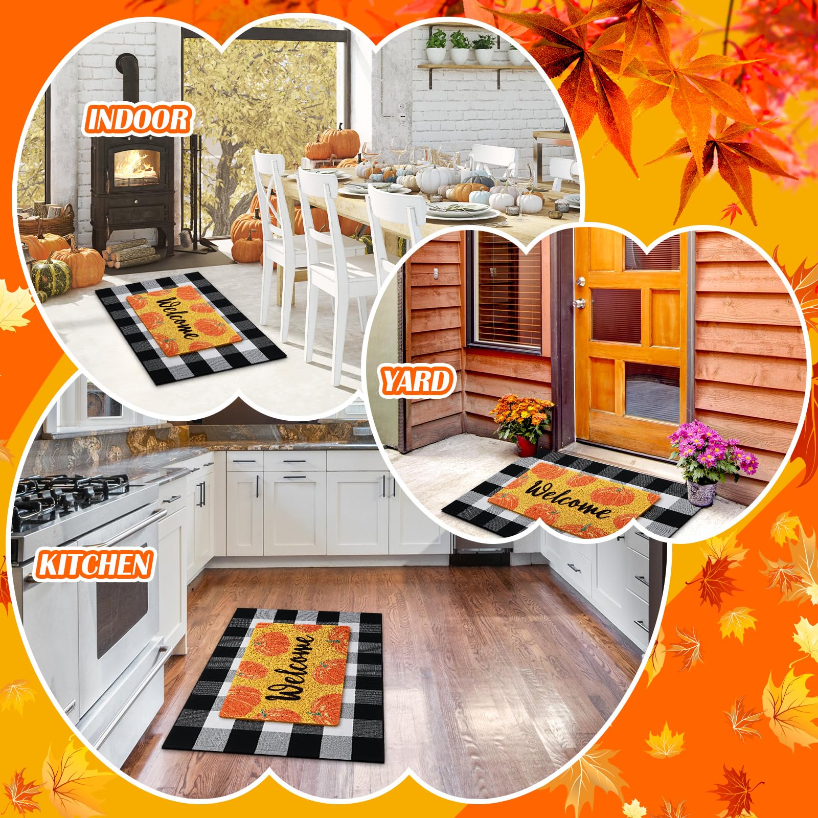 Geelin 2 Pcs Thanksgiving Day Doormat Front Door Mat Pumpkin Fall Welcome Mat Indoor Non Slip Black White Buffalo Checkered Rug Door Entrance Mat for Indoor Outdoor