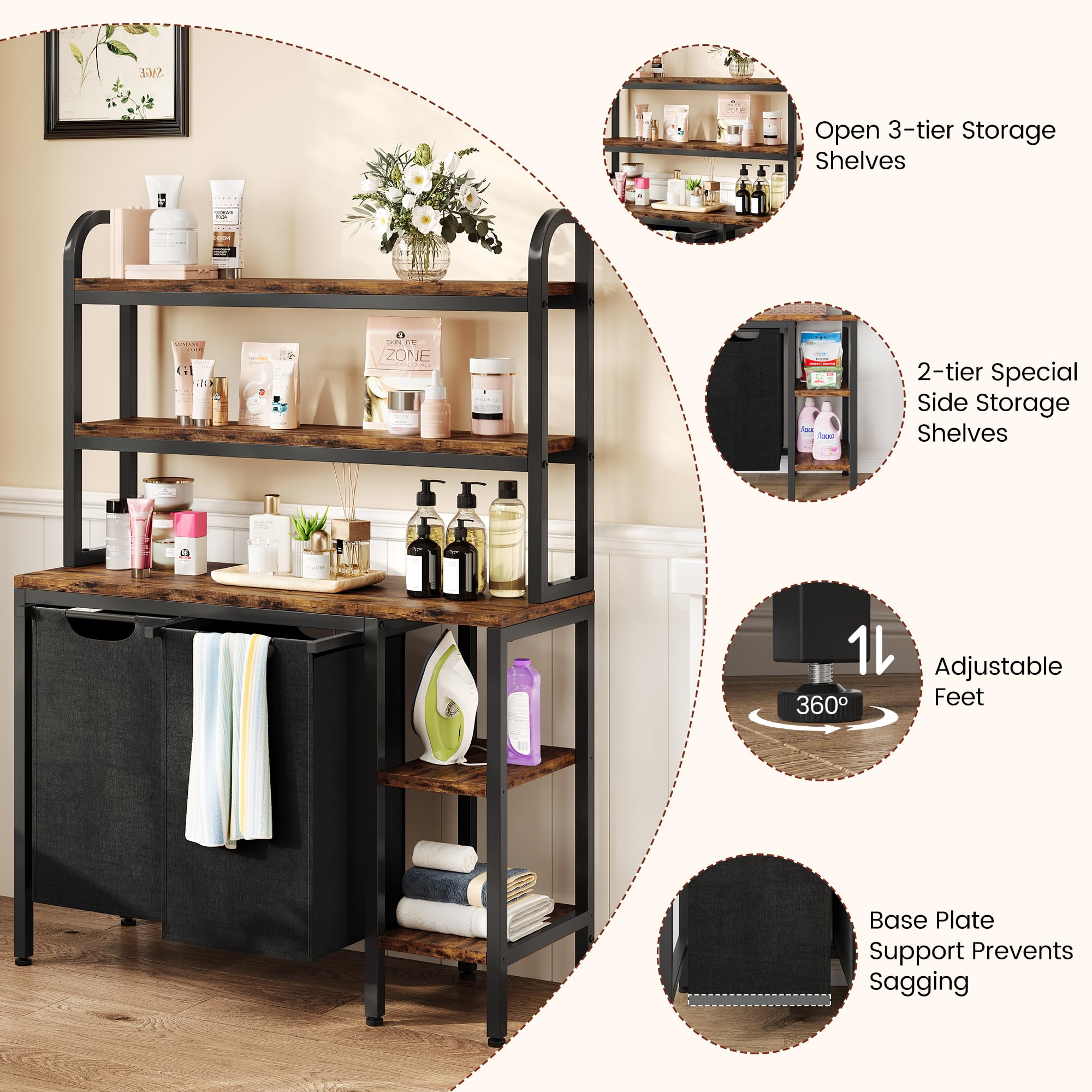 GAOMON Laundry Basket,Laundry Hamper 2 Section with Side Shelves,3 Tiers Laundry Sorter with 2 Pull-Out and Removable Laundry Bags,Black & Rustic Brown