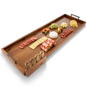 tidita 36" large charcuterie tray with handles & 4 knives set - extra long wooden serving cheese boards - extra large charcuterie board serving platter - acacia wood serving board (acacia 36 inch)