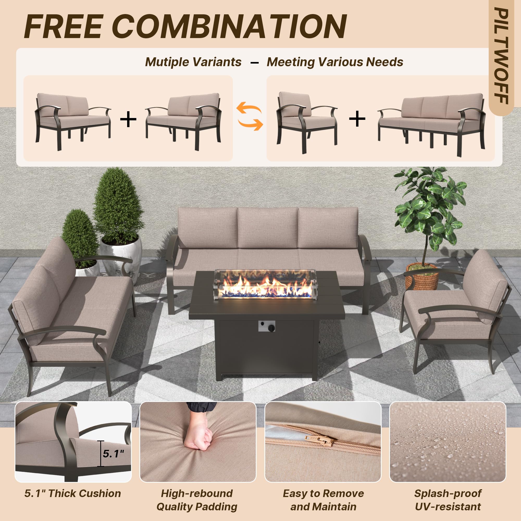 Piltwoff 10-Seat Aluminum Patio Furniture Set with Swivel Chairs,8 Piece Metal Outdoor Sectional Sofa w/45in 55000BTU Fire Pit,Swivel Rocking Chairs with Side Coffee Table,Sand