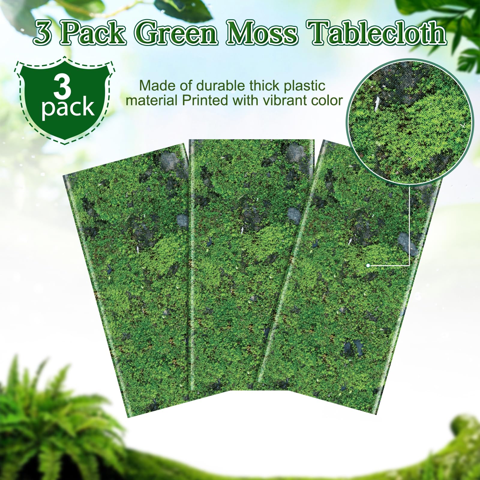 YIDAKO 3Pcs Green Moss Plastic Tablecloths Green Grass Green Leaf Table Cloth Disposable Rectangle Table Cover for Picnic Nature Forest Jungle Theme Party Decorations, 54 X 108inch