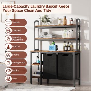 GAOMON Laundry Basket,Laundry Hamper 2 Section with Side Shelves,3 Tiers Laundry Sorter with 2 Pull-Out and Removable Laundry Bags,Black & Rustic Brown