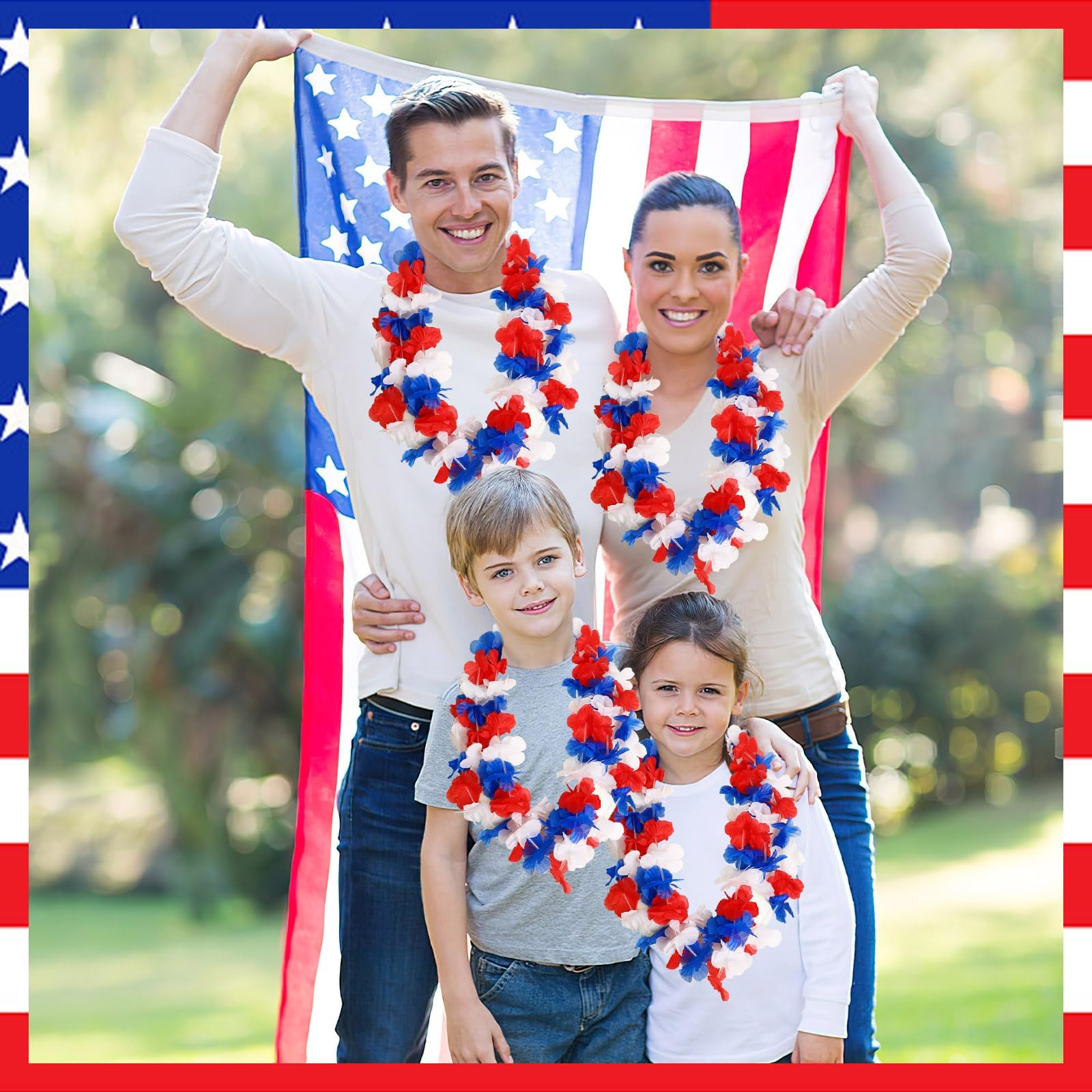 JUNEBRUSHS 24 Pack Patriotic Leis Red White and Blue Flower Leis, 4th of July Garlands Hawaiian Luau Flower Necklaces Bulk for Fourth of July, Memorial Day, Independence Day Decorations Party Favors