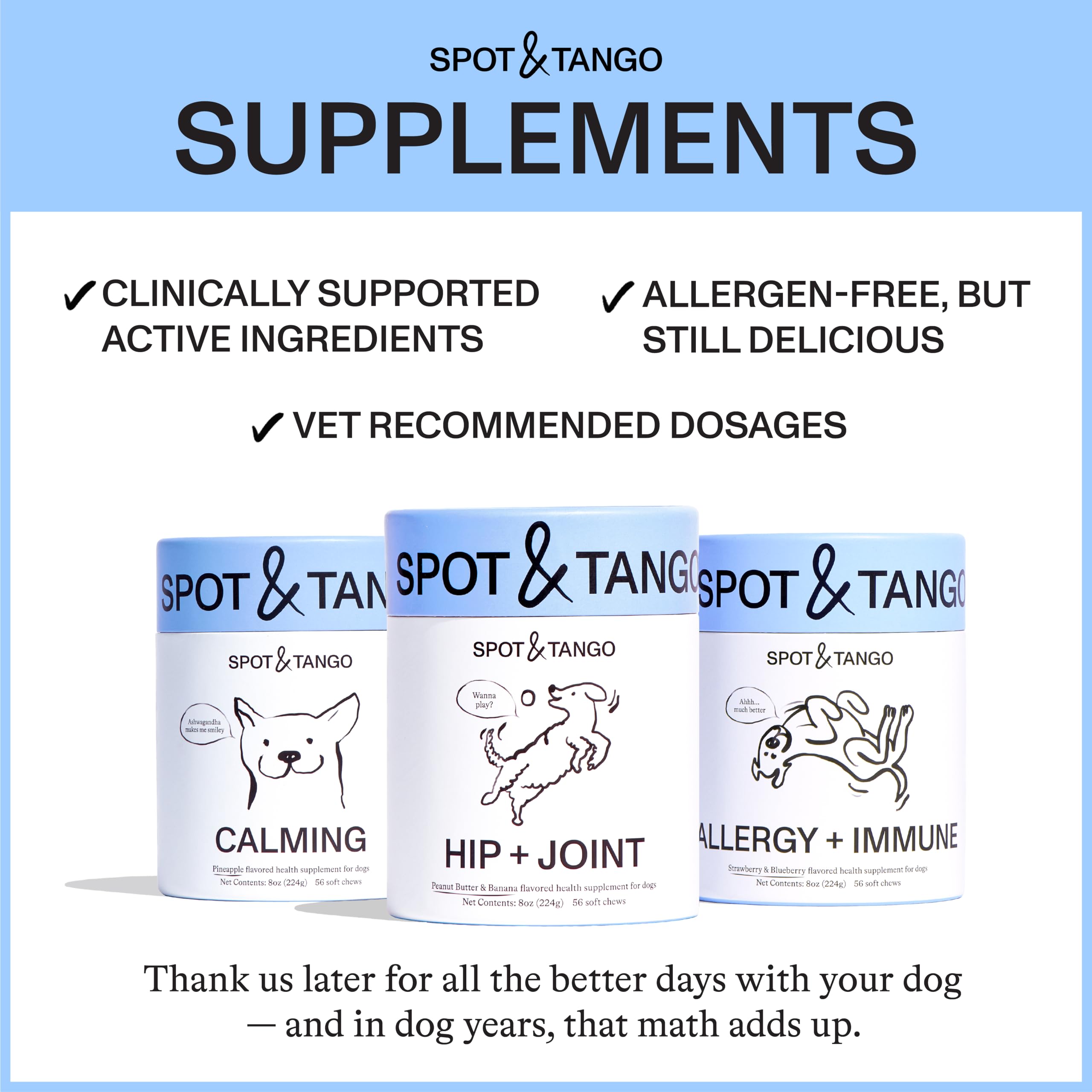 Spot & Tango Hip + Joint Supplement for Dogs - Vet-Approved For Mobility and Arthritis Support - Glucosamine, Chondroitin, Green Lipped Mussel, MSM - Flavor from Real Peanut Butter & Banana - 56 Count