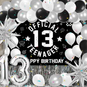 HTDZZI 13th Birthday Decoration Kit for Boys, Official Teenager 13 Birthday Party Backdrop Banner, Number 13 Balloons, Explosion Star Balloons, 13th Birthday Photo Props Decor, Black White