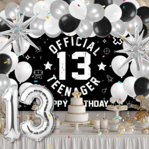 HTDZZI 13th Birthday Decoration Kit for Boys, Official Teenager 13 Birthday Party Backdrop Banner, Number 13 Balloons, Explosion Star Balloons, 13th Birthday Photo Props Decor, Black White