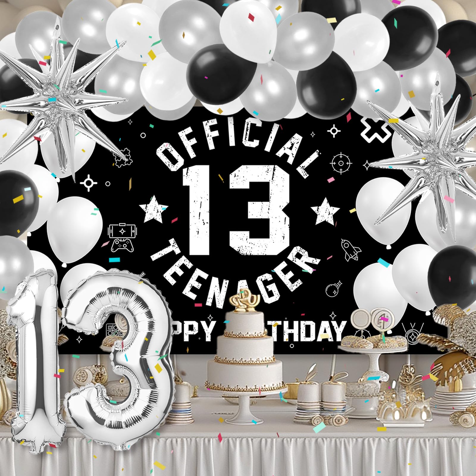 HTDZZI 13th Birthday Decoration Kit for Boys, Official Teenager 13 Birthday Party Backdrop Banner, Number 13 Balloons, Explosion Star Balloons, 13th Birthday Photo Props Decor, Black White