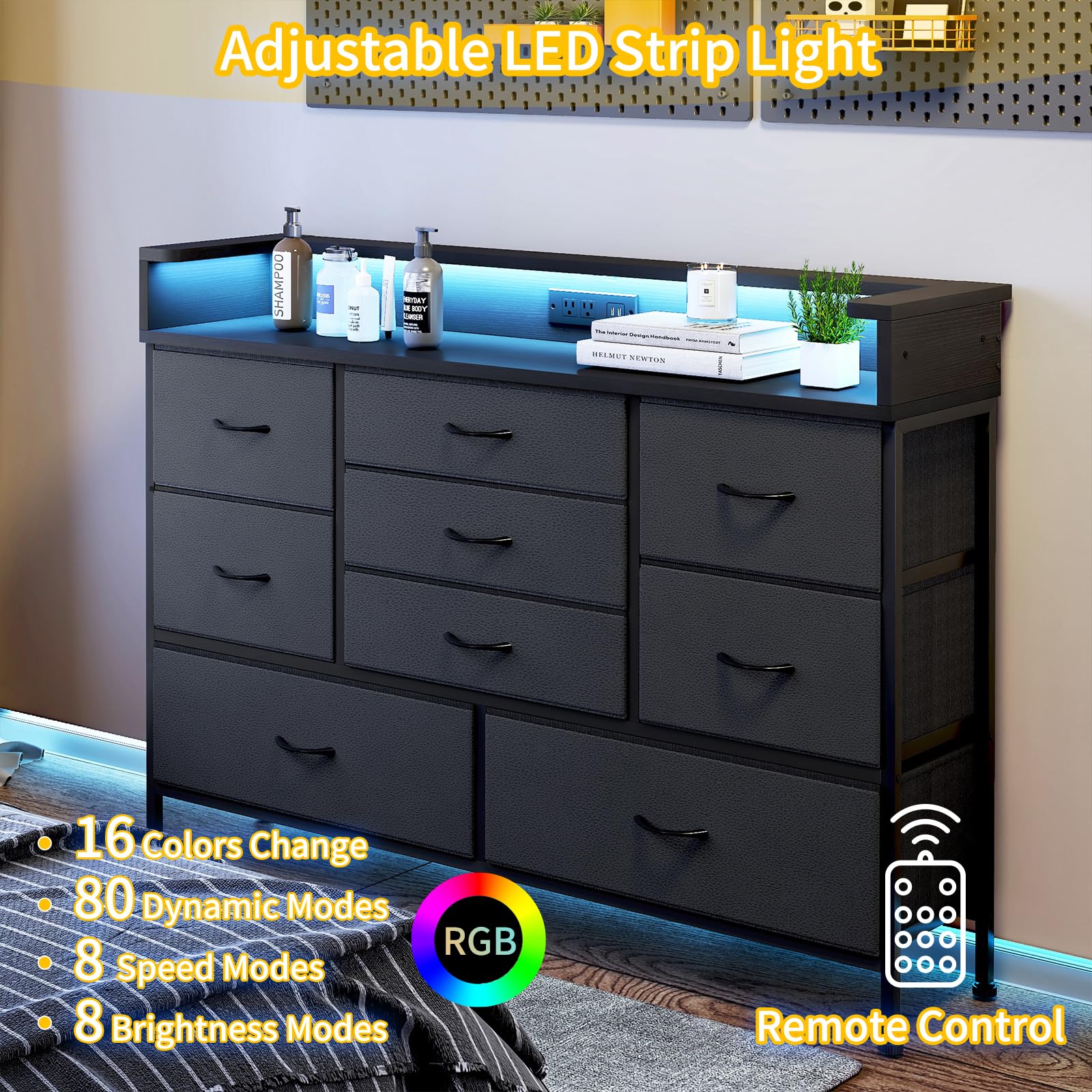 Fixwal Black LED Dresser, Dresser with 9 Drawers and Charging Station, Fabric Chest of Drawers with PU Finish for Kid Room, Entryway, Living Room, Hallway