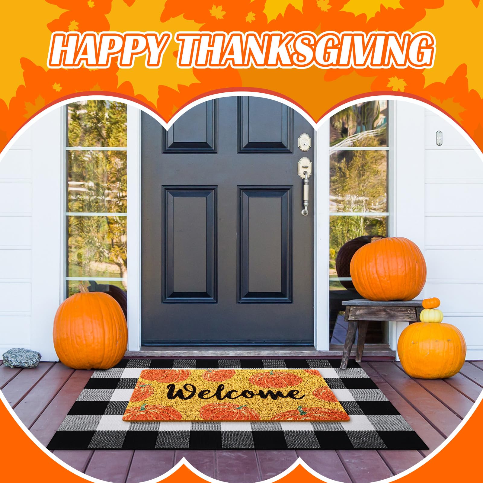 Geelin 2 Pcs Thanksgiving Day Doormat Front Door Mat Pumpkin Fall Welcome Mat Indoor Non Slip Black White Buffalo Checkered Rug Door Entrance Mat for Indoor Outdoor