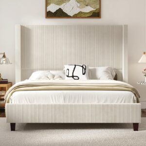 HOWE King Size 61" Corduroy Upholstered Bed Frame, Platform Bed with Vertical Stripe Wingback Headboard, No Box Spring Needed/Noise Free/Solid Wood Slats/Cream