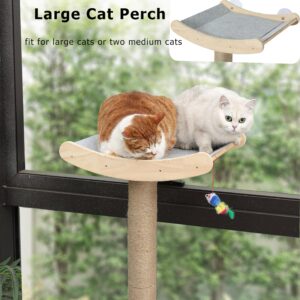 Window Cat Perch with Scratching Posts, 46" Wood Tree Bed for Large Inside Cats Climbing, Perching and Lounging, Mounted with 3 Strong Suction Cups (Wood Platform)