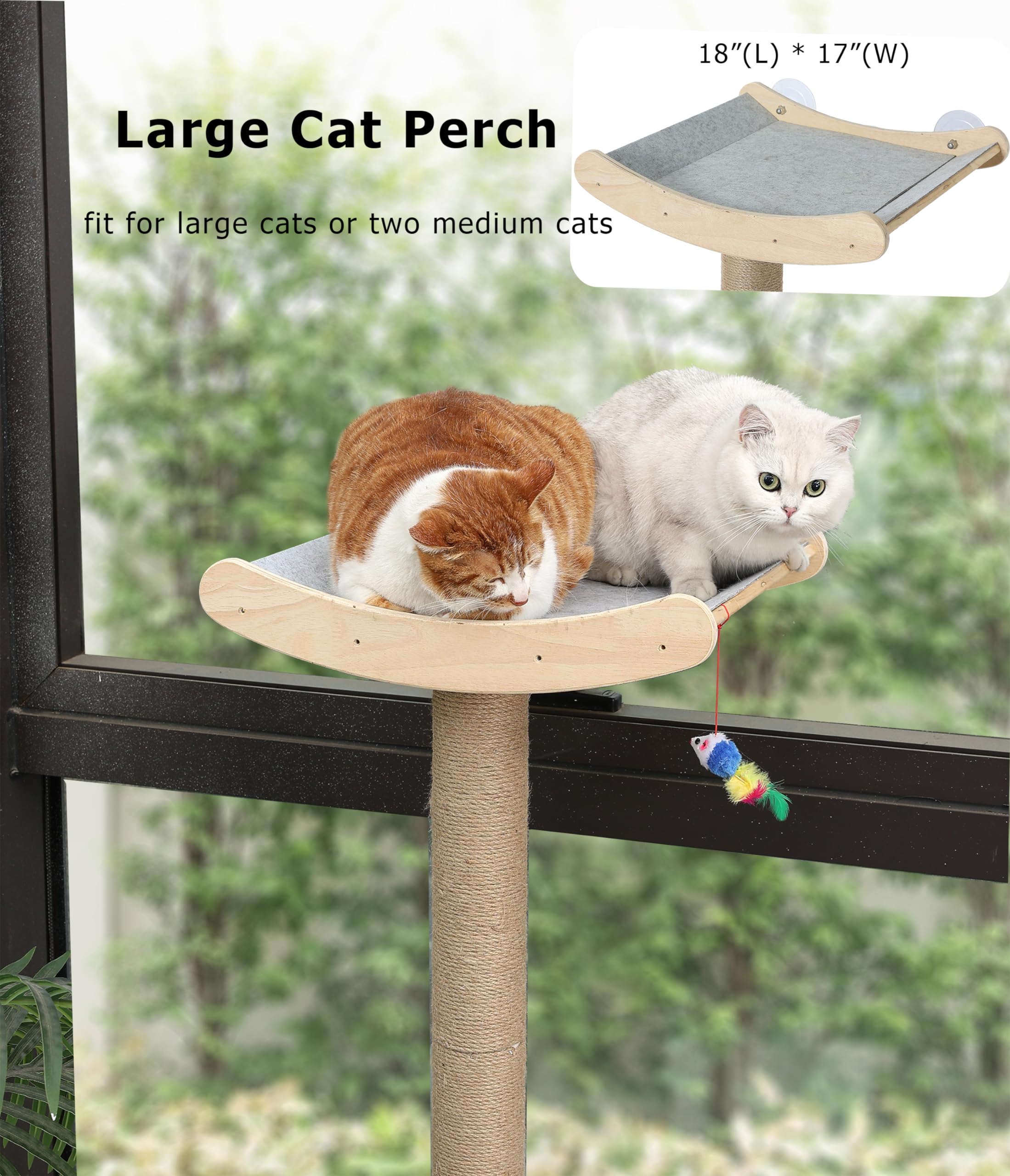 Window Cat Perch with Scratching Posts, 46" Wood Tree Bed for Large Inside Cats Climbing, Perching and Lounging, Mounted with 3 Strong Suction Cups (Wood Platform)