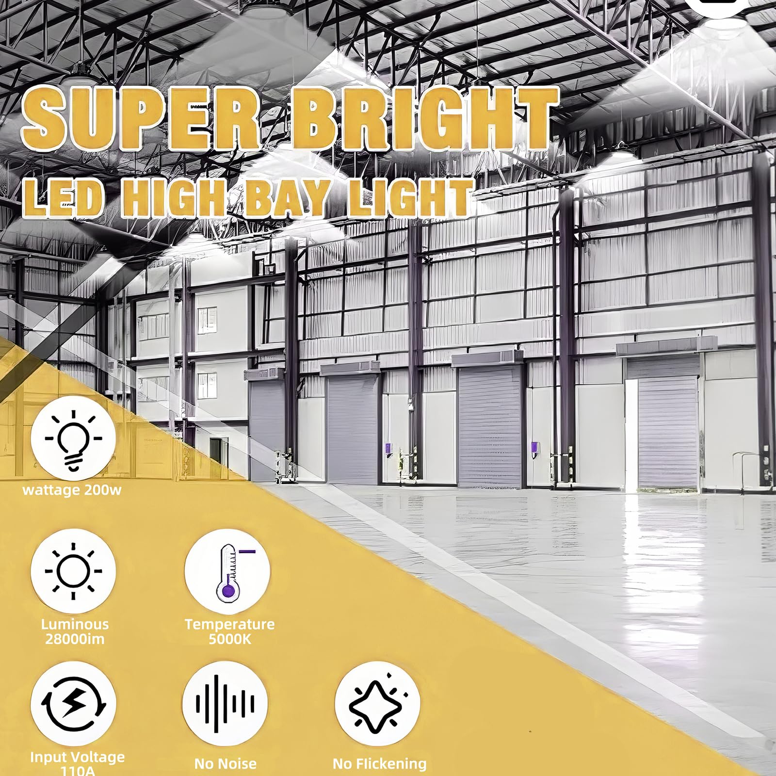 6 Pack UFO LED High Bay Light, 200W LED High Bay Light, 5000K,28,000LM, 5 ft Cable with US Plug UL Certified Plug, IP65 Commercial Warehouse Area Light for Wet Location Area, Workshop, Garage