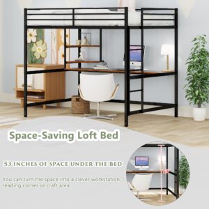 Full Size Loft Bed with Desk and Storage Shelves,Heavy-Duty Loft Bed Full for Kids,Metal Loft Bed Frame with Safety Guardrail,Space-Saving(Full,Black)