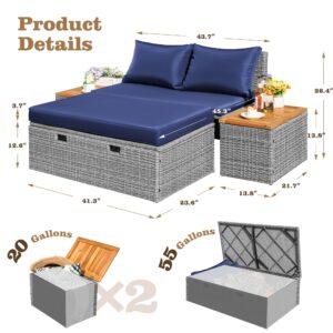 Flamaker Outdoor Rattan Lounge Chair with 2 Side Tables, Multifunctional Outdoor Patio Daybed with Footrest, Cushions, Storage Ottoman,Chaise Lounge Chair for Backyard Porch Poolside(Deep Blue)