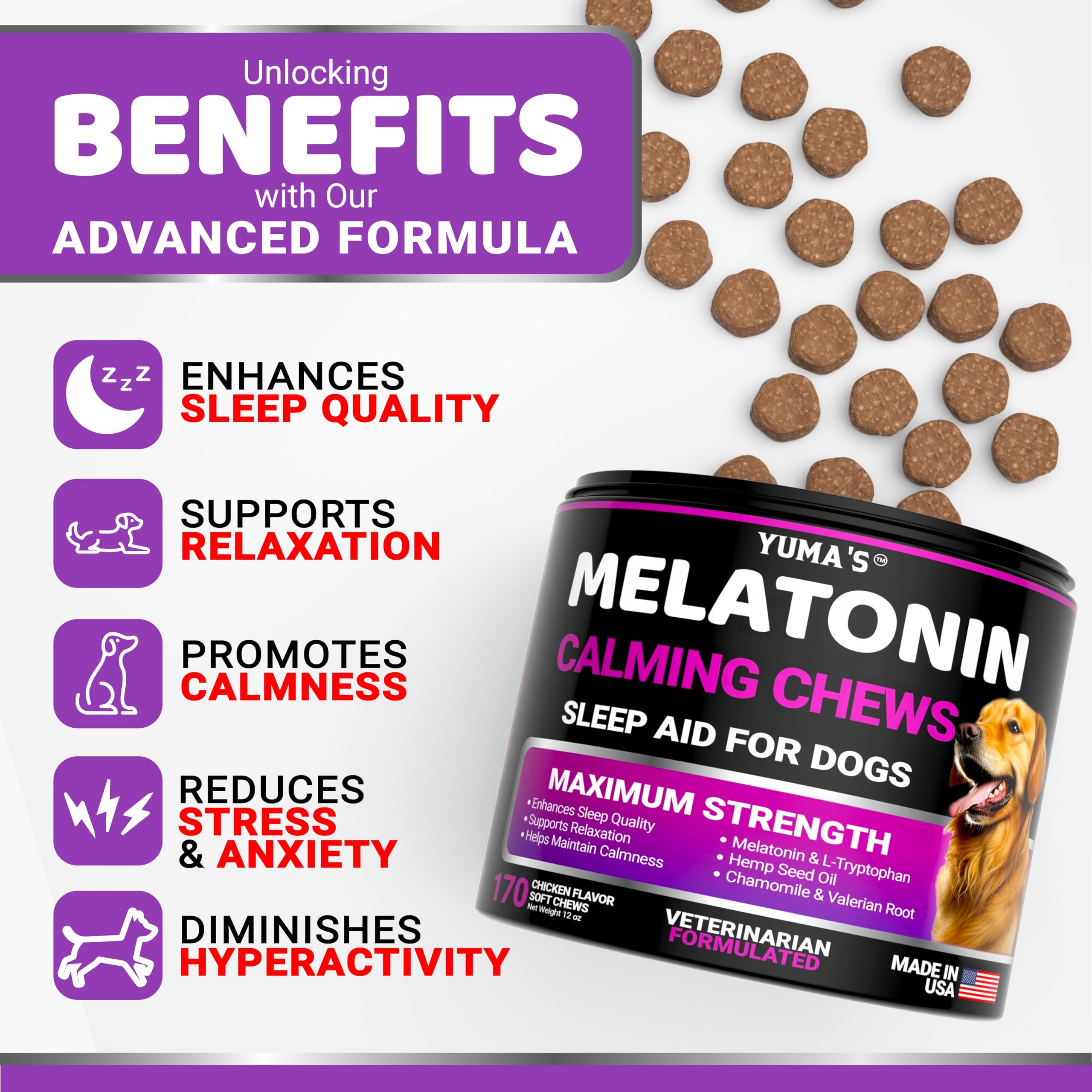 YUMA'S Melatonin for Dogs - 170 Dog Melatonin Chews for Small and Large Dogs - Puppy Melatonin - Dog Sleep Aid - Calming Treats for Stress Anxiety Relief - Calming Chews for Dogs - Dog Sleeping Pills