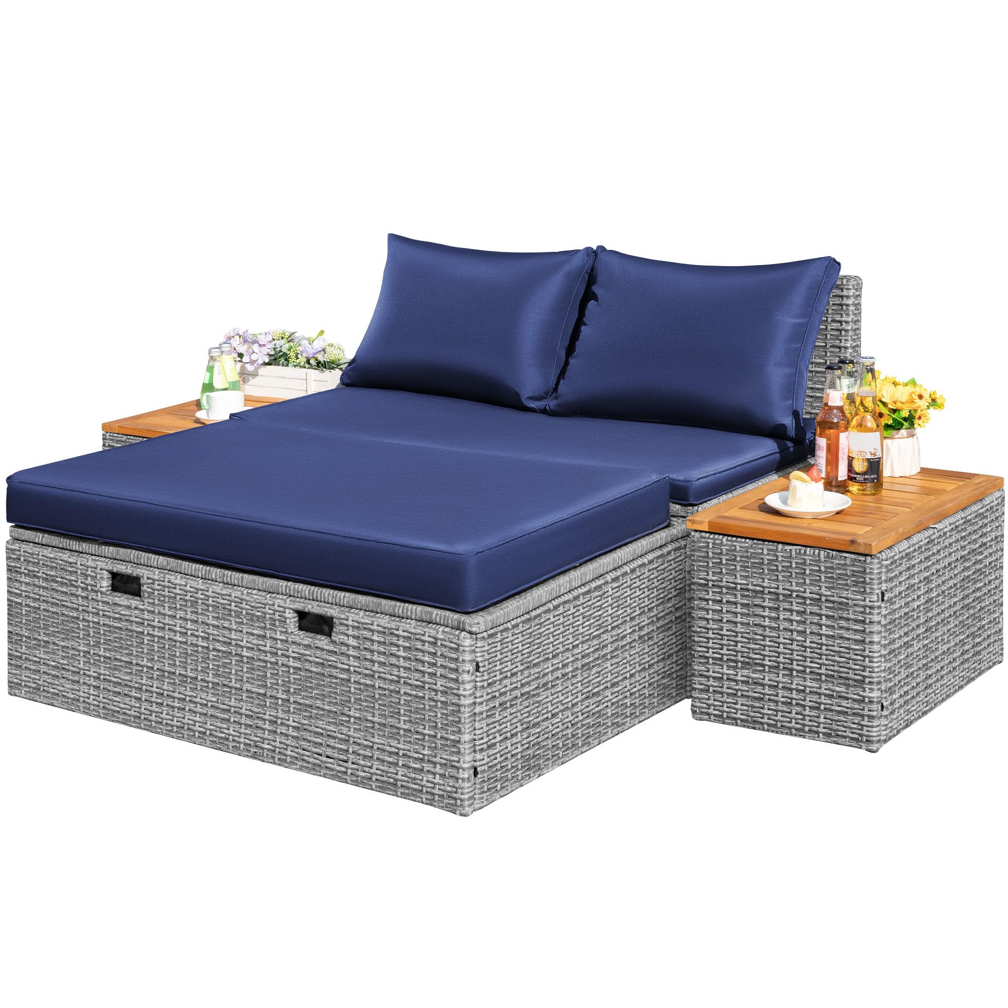 Flamaker Outdoor Rattan Lounge Chair with 2 Side Tables, Multifunctional Outdoor Patio Daybed with Footrest, Cushions, Storage Ottoman,Chaise Lounge Chair for Backyard Porch Poolside(Deep Blue)