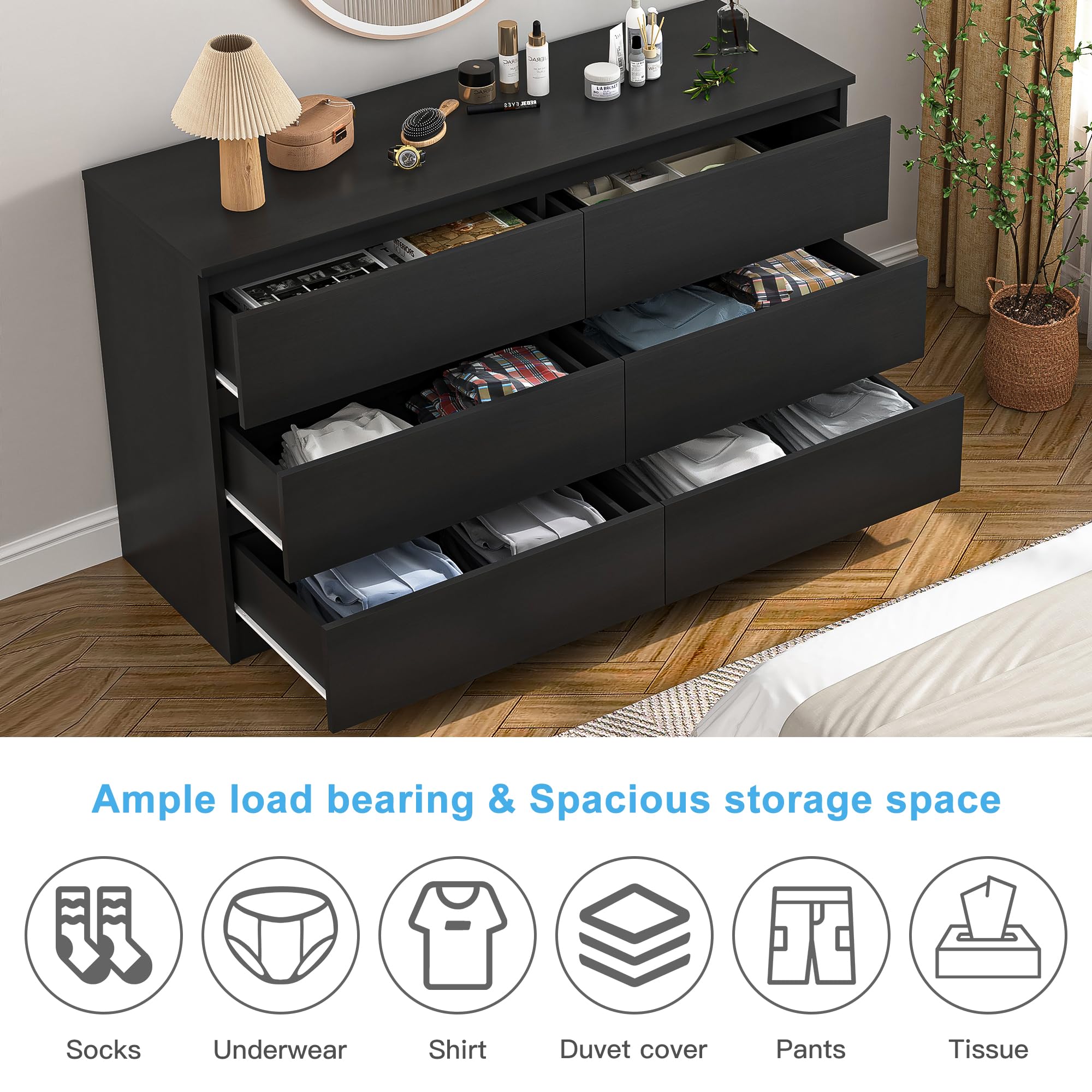 Spaco Black Dresser for Bedroom,6 Drawer Dresser,Chest of Drawers & Dresser,Wood Dresser,Dresser Bedroom Furniture,Wide TV Stand Dresser for Nursery,Kid's Room