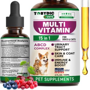 tobydic cat & dog multivitamin -15 in 1 pet supplements with cranberry & glucosamine - natural medicine & support for uti, urinary tract, bladder, kidney, skin coat, joints treatment made in usa