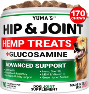 yuma's hemp hip and joint supplement for dogs - glucosamine for dogs - 170 dog joint pain relief chews - chondroitin, msm - hemp oil - advanced dog joint supplement health - mobility support treats