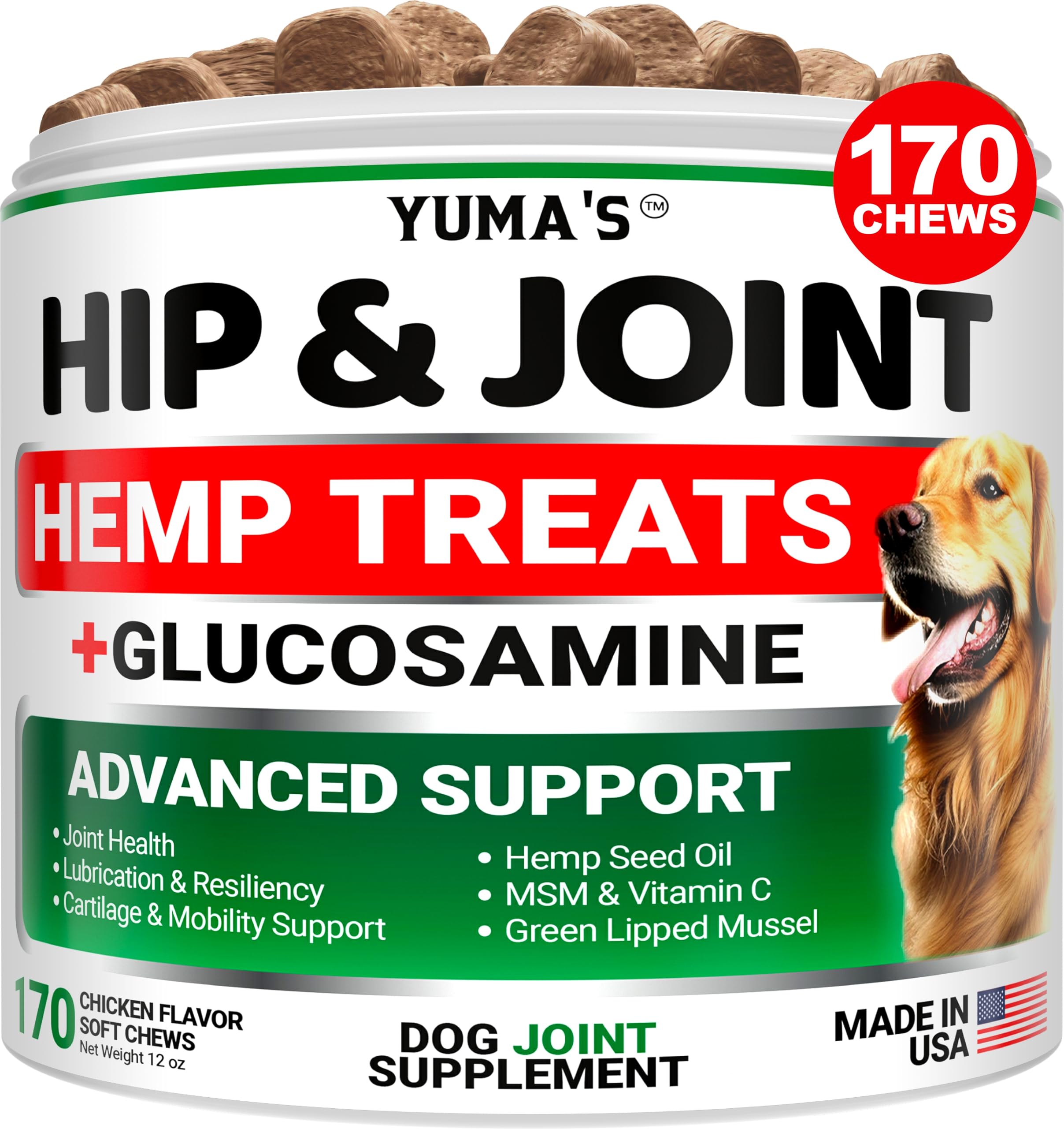 YUMA'S Hemp Hip and Joint Supplement for Dogs - Glucosamine for Dogs - 170 Dog Joint Pain Relief Chews - Chondroitin, MSM - Hemp Oil - Advanced Dog Joint Supplement Health - Mobility Support Treats