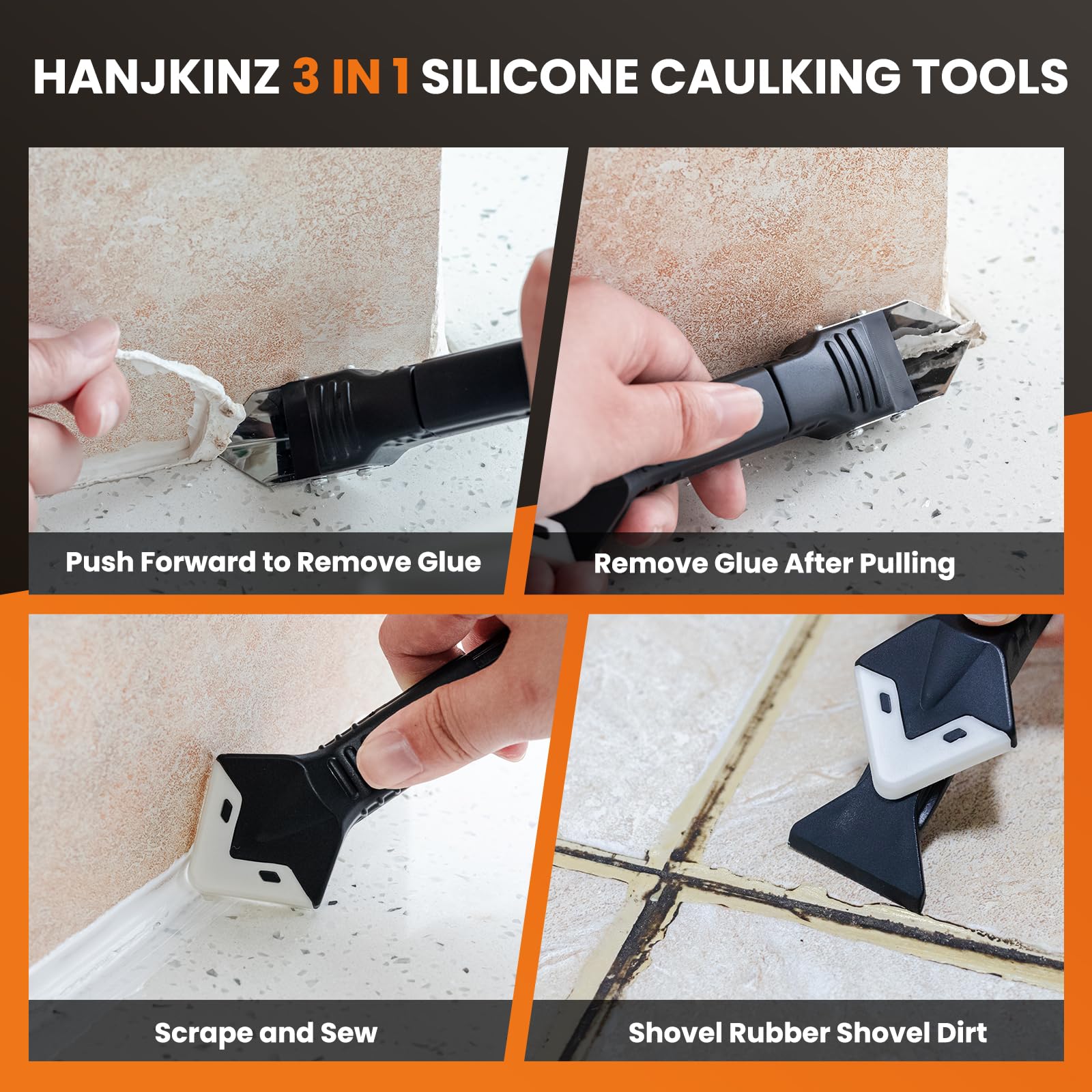 HANJKINZ 3 in 1 Silicone Caulking Tools（Stainless Steelhead), 12pack, Caulk Remover Tool Kit with Replace Silicone Padsgood Pads and Caulk Finishing Tools, Caulking Tool Kit for Kitchen, Bathroom