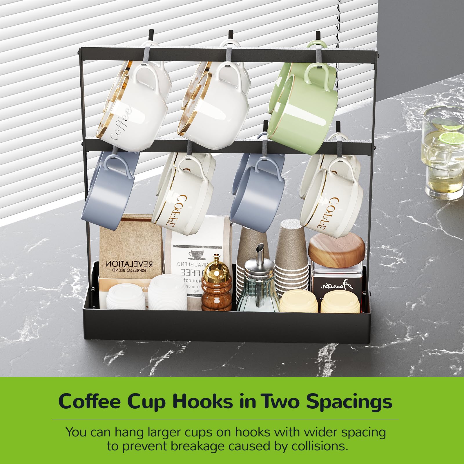 Coffee Mug Holder with Hooks, 14 Capacity Coffee Cup Holder for Countertop, 2 Tier Mug Tree Holder Rack with Storage Base for Coffee Pod, Sugar Bags, Paper Cups, Gifts for Coffee Lover