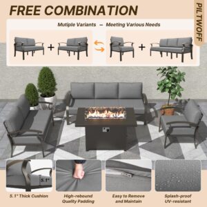 Piltwoff 8 Piece Patio Furniture Set,9-Seat Modern Metal Outdoor Conversation Sets w/45in 55000BTU Propane Fire Pit Table,Swivel Rocking Chairs Patio Sectional Sofa w/Coffee Table,Grey