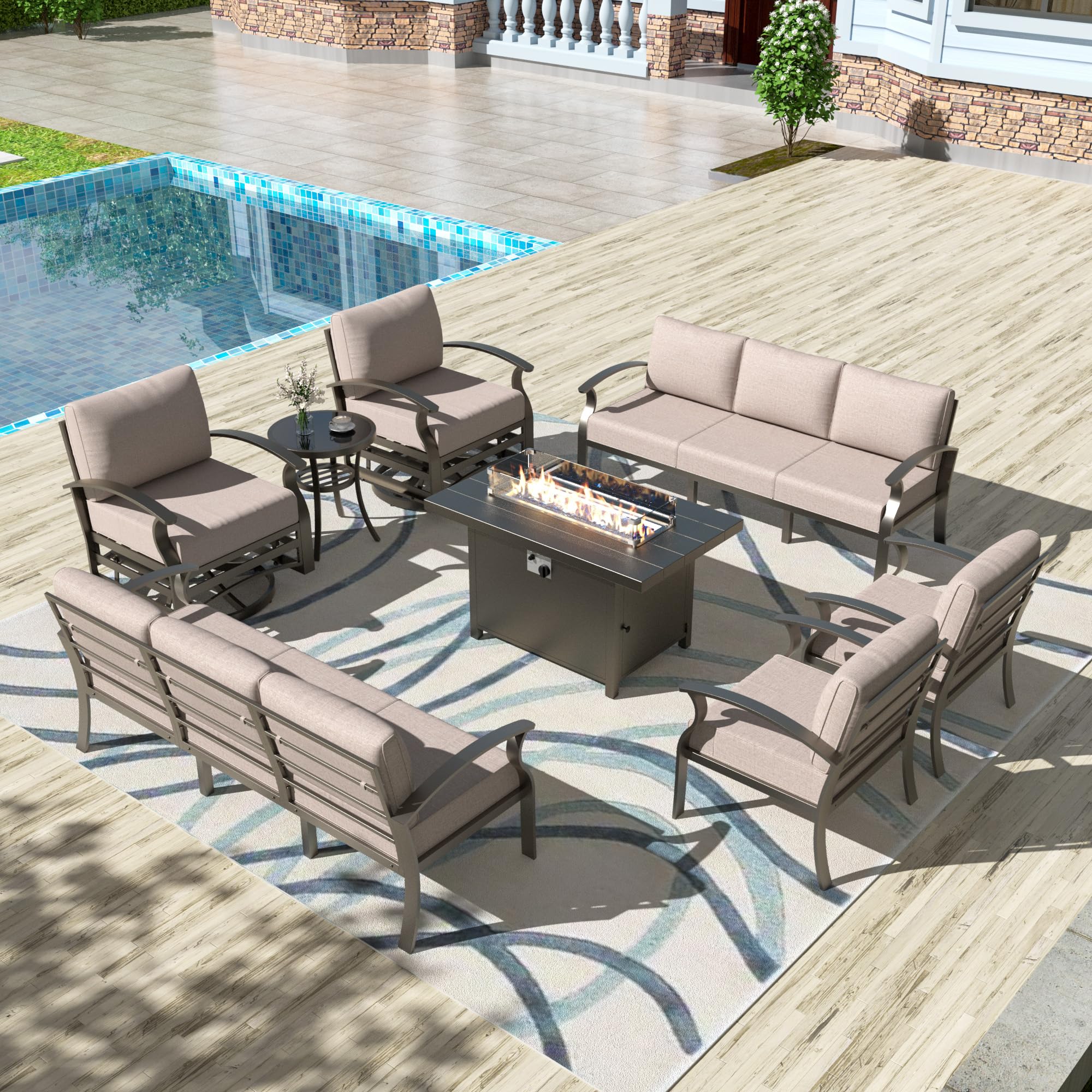 Piltwoff 10-Seat Aluminum Patio Furniture Set with Swivel Chairs,8 Piece Metal Outdoor Sectional Sofa w/45in 55000BTU Fire Pit,Swivel Rocking Chairs with Side Coffee Table,Sand