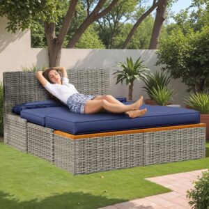 Flamaker Outdoor Rattan Lounge Chair with 2 Side Tables, Multifunctional Outdoor Patio Daybed with Footrest, Cushions, Storage Ottoman,Chaise Lounge Chair for Backyard Porch Poolside(Deep Blue)