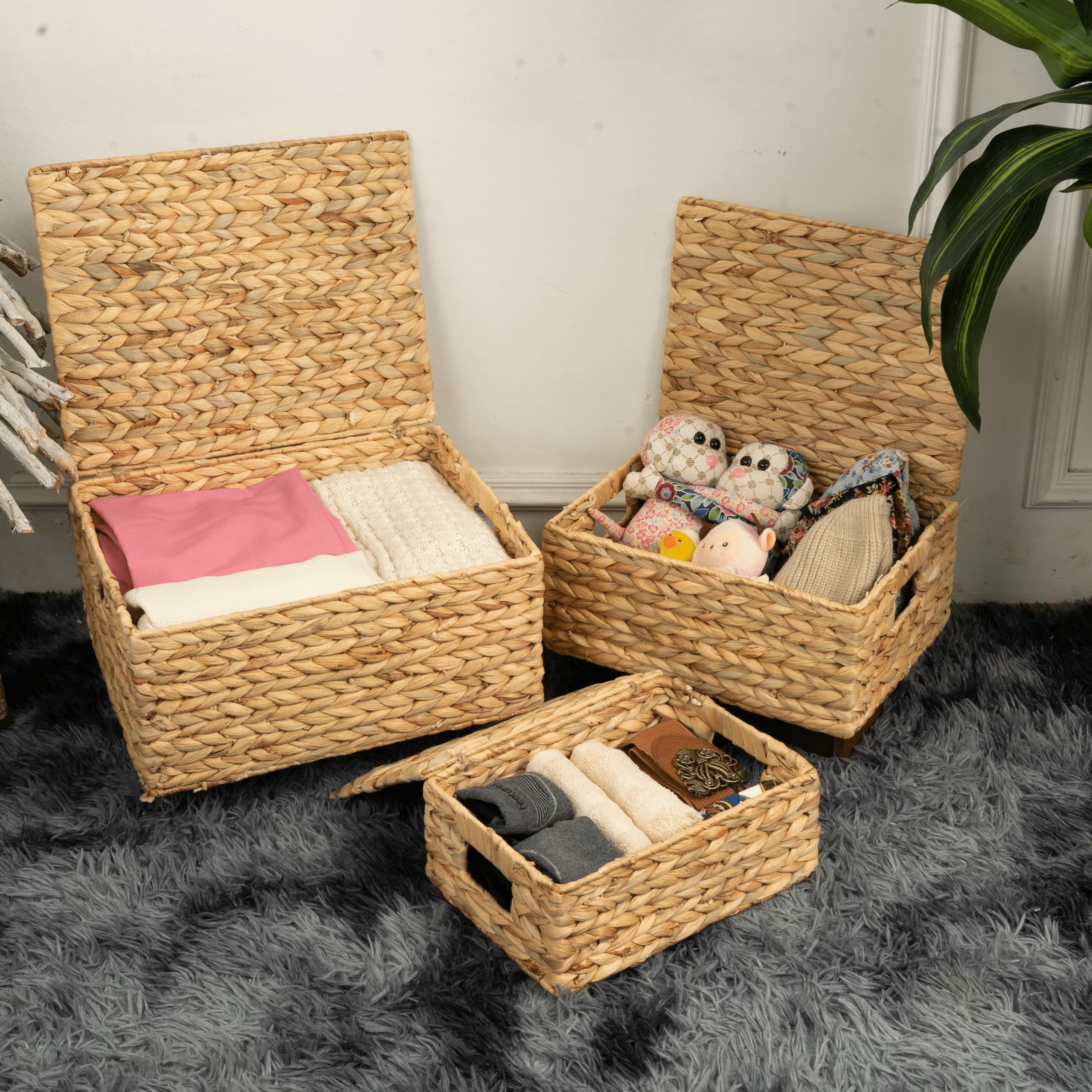 Wicker Storage Baskets with Lid, Basket With Lid Decorative Storage Rectangle 14"D X 11"W X 7"H Wicker Storage Basket With Lid Large Rattan Storage Box Hyacinth Baskets