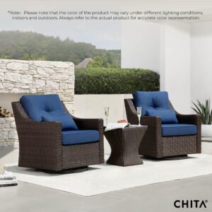 CHITA Patio Wicker Chair, 360° Rocking Swivel Outdoor Rattan Chair with Thickened Cushions for Backyard, Poolside, Garden or Porch, Blue Cushions with Chestnut Wicker