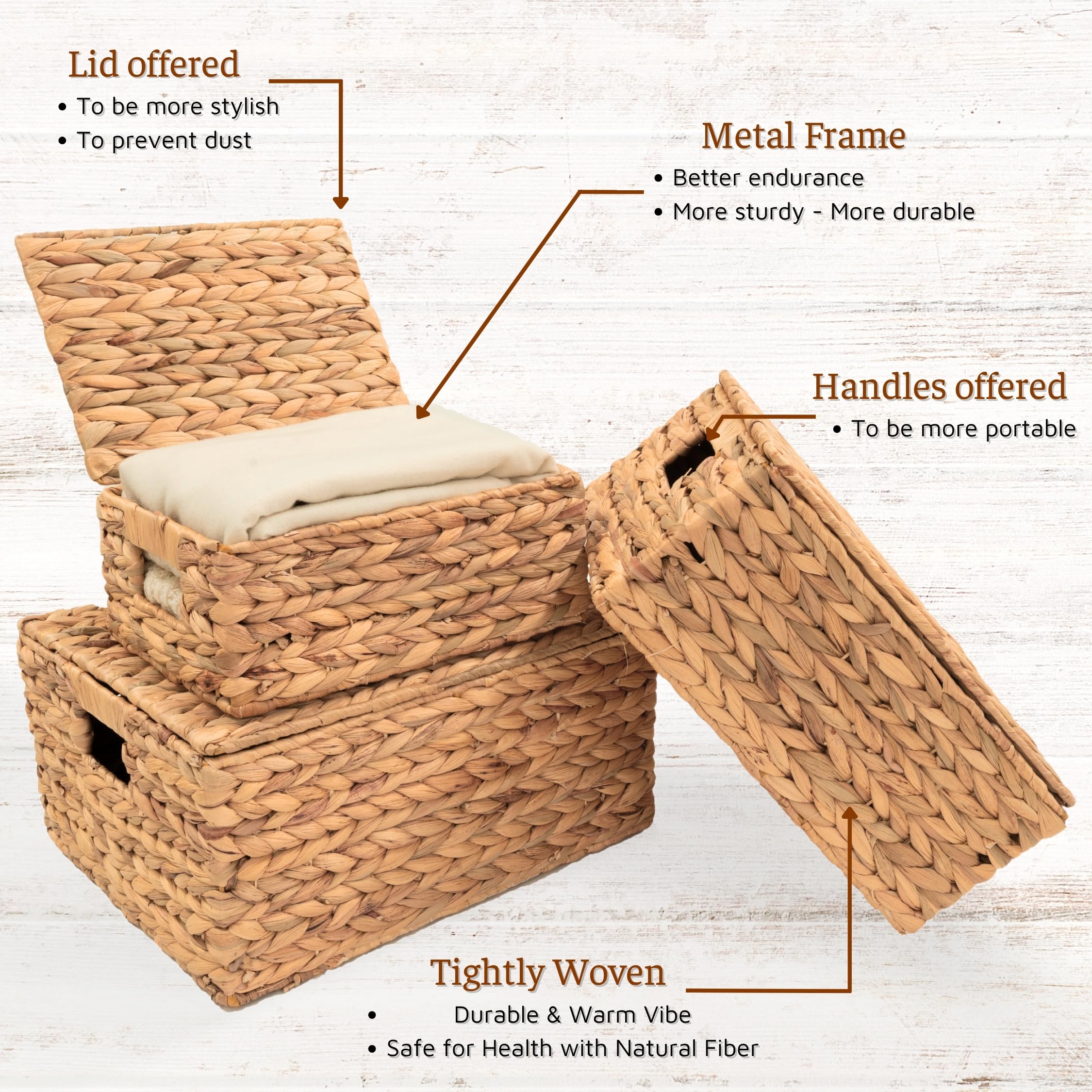 Wicker Storage Baskets with Lid, Basket With Lid Decorative Storage Rectangle 14"D X 11"W X 7"H Wicker Storage Basket With Lid Large Rattan Storage Box Hyacinth Baskets