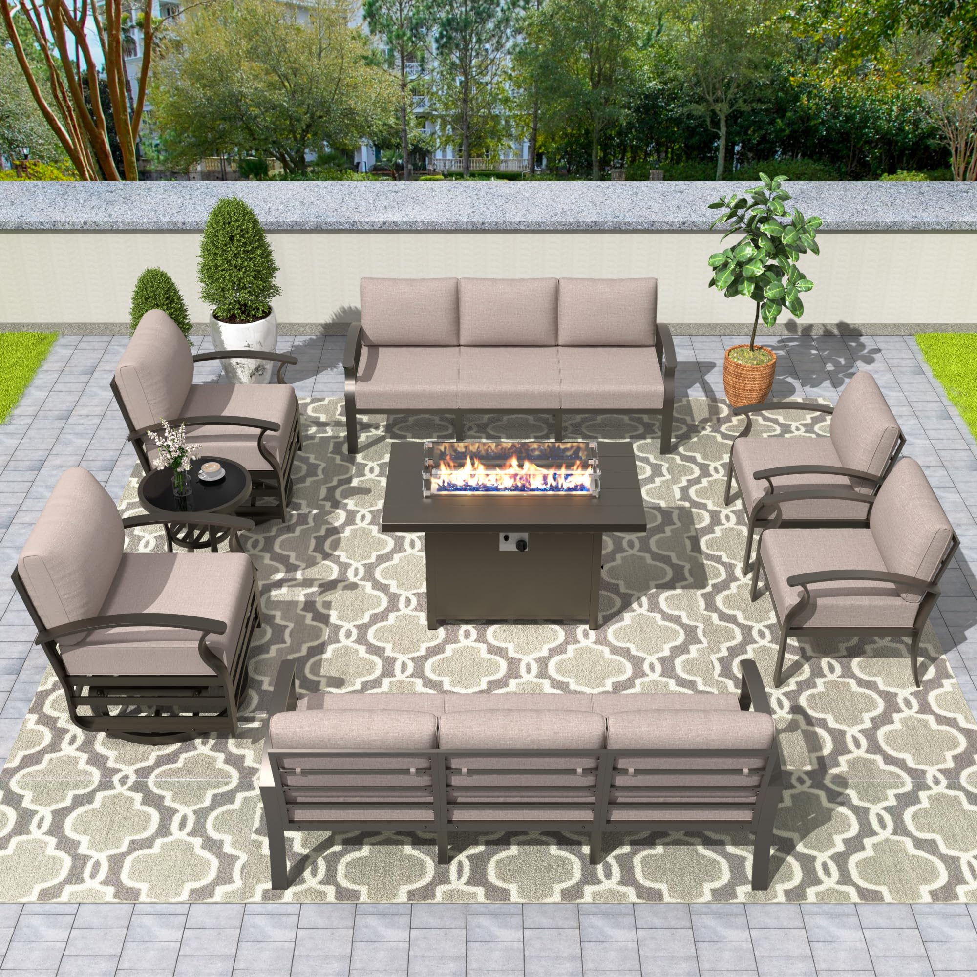 Piltwoff 10-Seat Aluminum Patio Furniture Set with Swivel Chairs,8 Piece Metal Outdoor Sectional Sofa w/45in 55000BTU Fire Pit,Swivel Rocking Chairs with Side Coffee Table,Sand