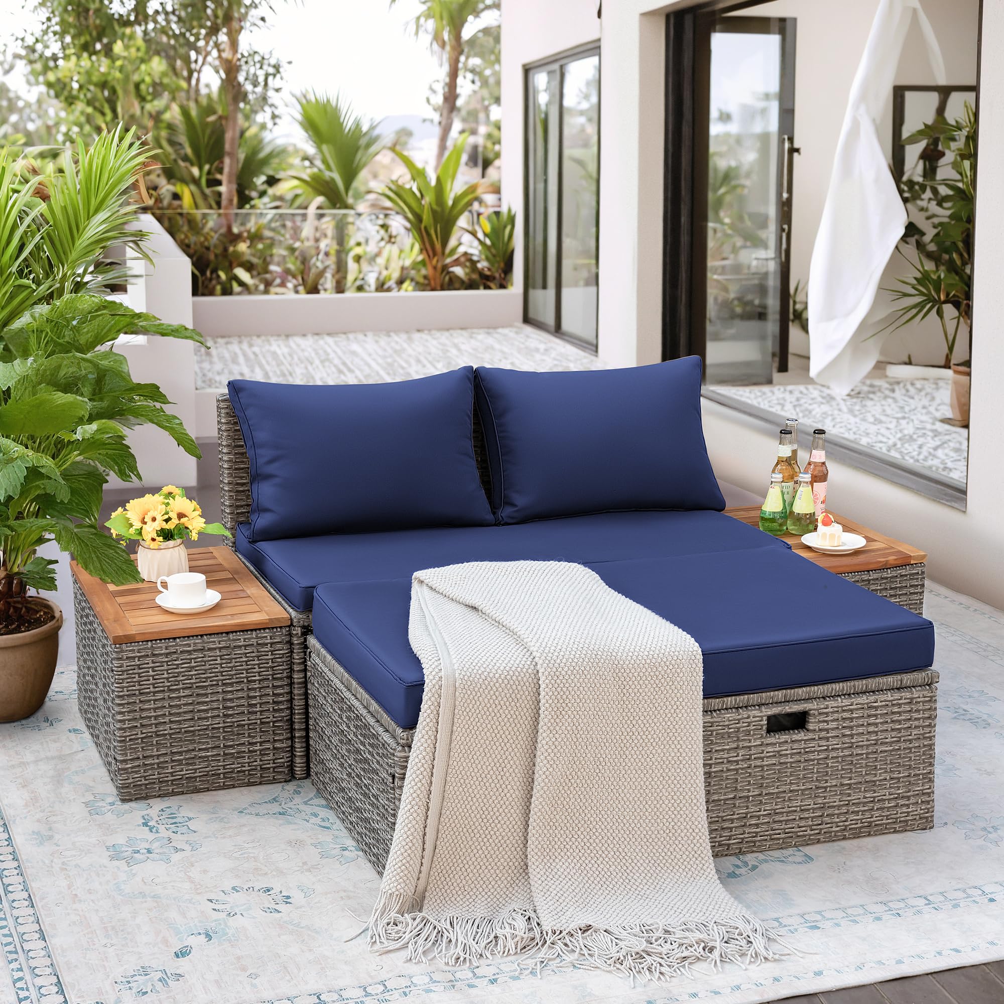 Flamaker Outdoor Rattan Lounge Chair with 2 Side Tables, Multifunctional Outdoor Patio Daybed with Footrest, Cushions, Storage Ottoman,Chaise Lounge Chair for Backyard Porch Poolside(Deep Blue)