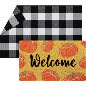 geelin 2 pcs thanksgiving day doormat front door mat pumpkin fall welcome mat indoor non slip black white buffalo checkered rug door entrance mat for indoor outdoor