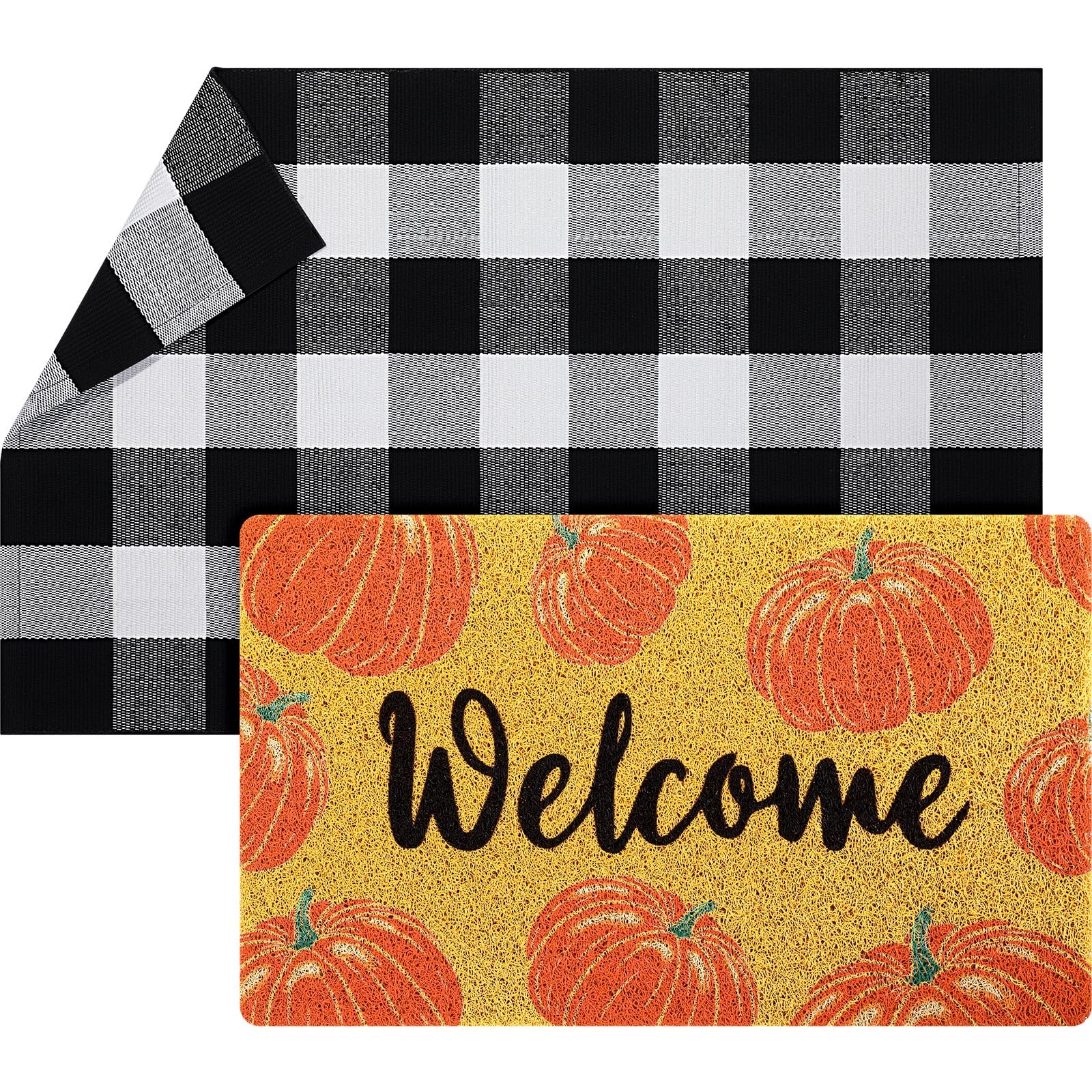 Geelin 2 Pcs Thanksgiving Day Doormat Front Door Mat Pumpkin Fall Welcome Mat Indoor Non Slip Black White Buffalo Checkered Rug Door Entrance Mat for Indoor Outdoor