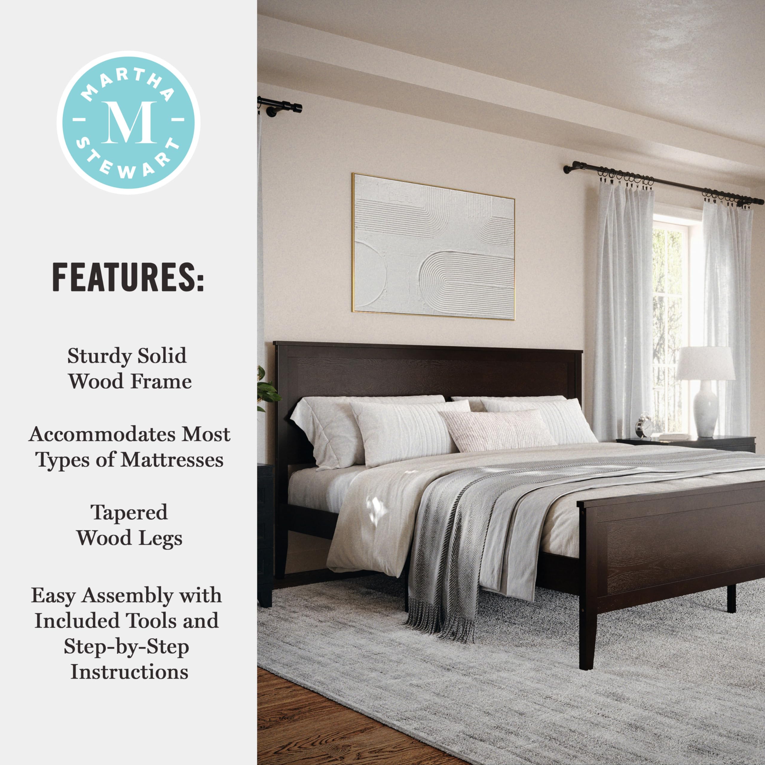 Martha Stewart Corbin Solid Wood Platform Bed with Wooden Headboard and Footboard, Wood Slat Foundation, No Box Spring Needed, King, Dark Brown