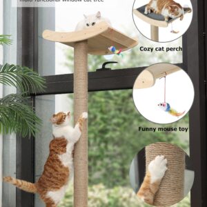 Window Cat Perch with Scratching Posts, 46" Wood Tree Bed for Large Inside Cats Climbing, Perching and Lounging, Mounted with 3 Strong Suction Cups (Wood Platform)