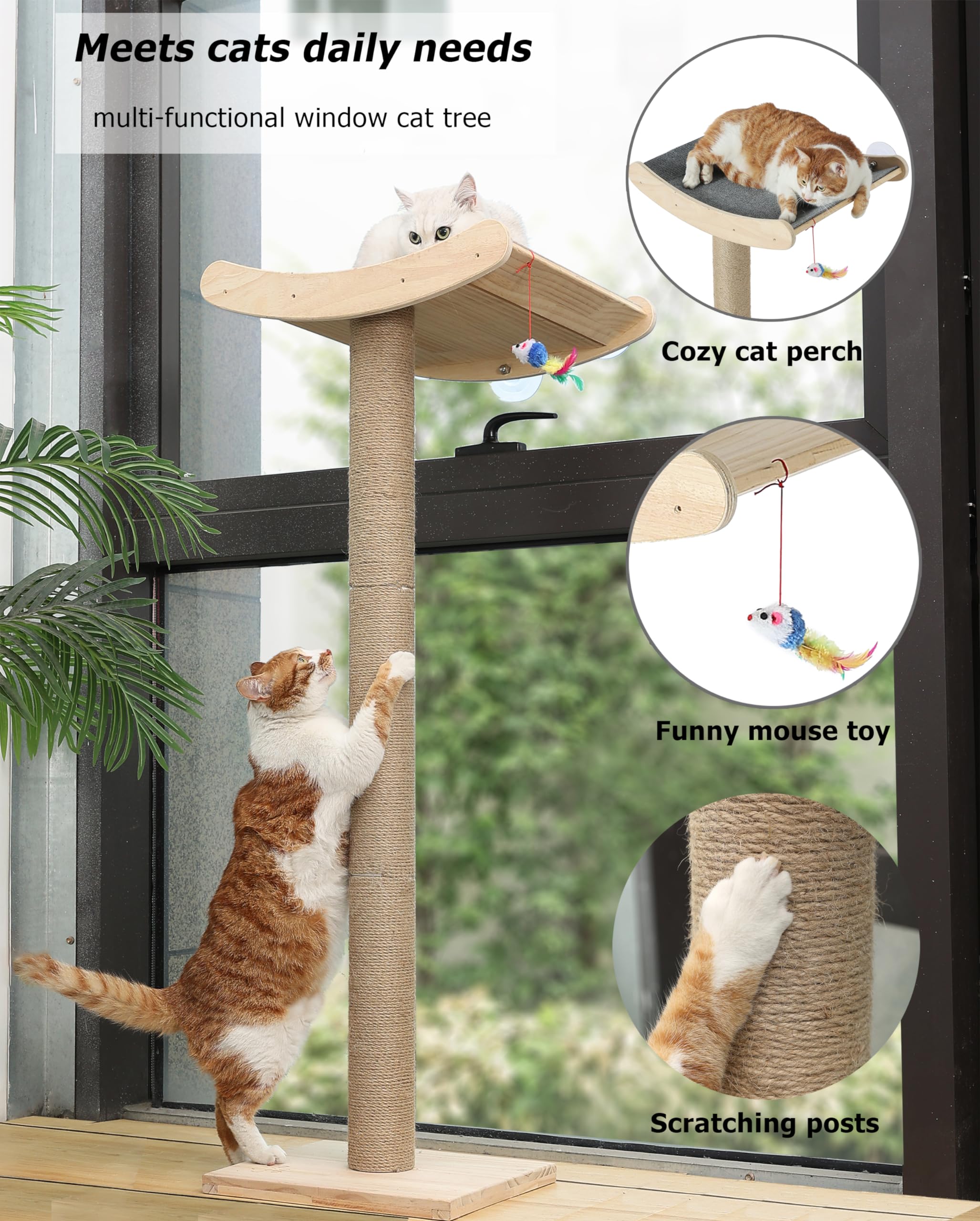 Window Cat Perch with Scratching Posts, 46" Wood Tree Bed for Large Inside Cats Climbing, Perching and Lounging, Mounted with 3 Strong Suction Cups (Wood Platform)