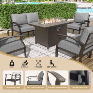 Piltwoff Aluminum Patio Furniture Set,8 Pcs Modern Patio Sectional Conversation Sets w/55,000BTU Propane Fire Pit,Outdoor Swivel Rocking Chairs w/5.1" Cushion&Coffee Table,Grey