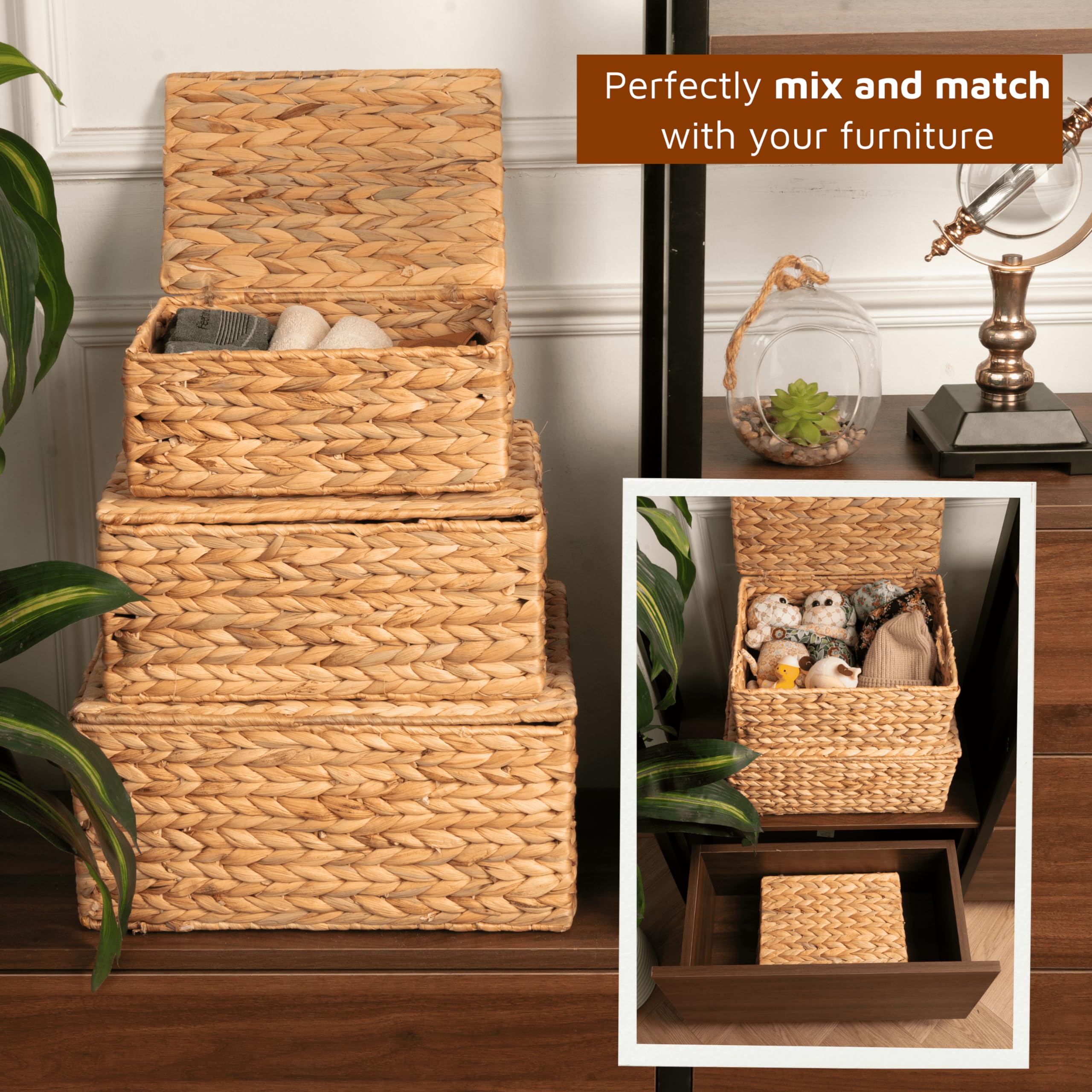 Wicker Storage Baskets with Lid, Basket With Lid Decorative Storage Rectangle 14"D X 11"W X 7"H Wicker Storage Basket With Lid Large Rattan Storage Box Hyacinth Baskets