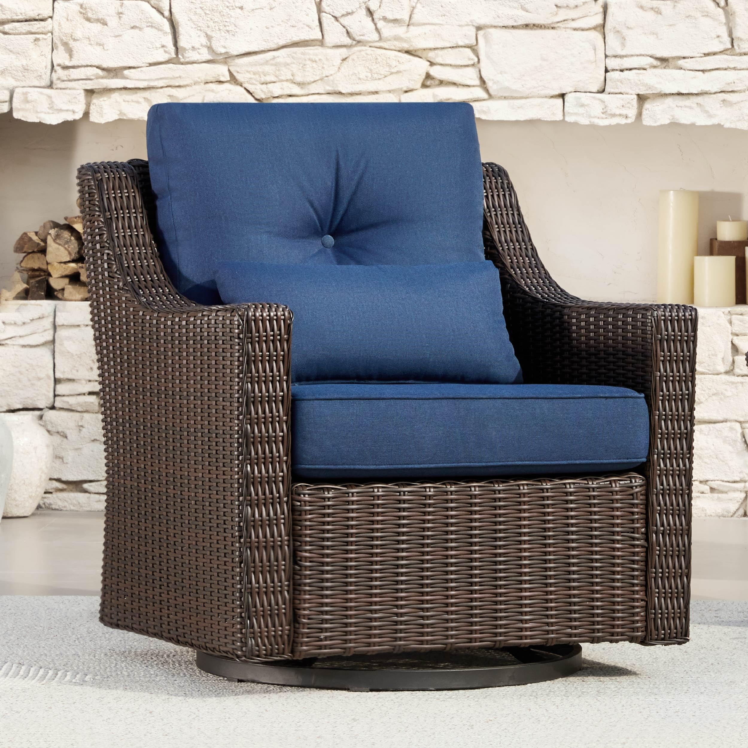 CHITA Patio Wicker Chair, 360° Rocking Swivel Outdoor Rattan Chair with Thickened Cushions for Backyard, Poolside, Garden or Porch, Blue Cushions with Chestnut Wicker