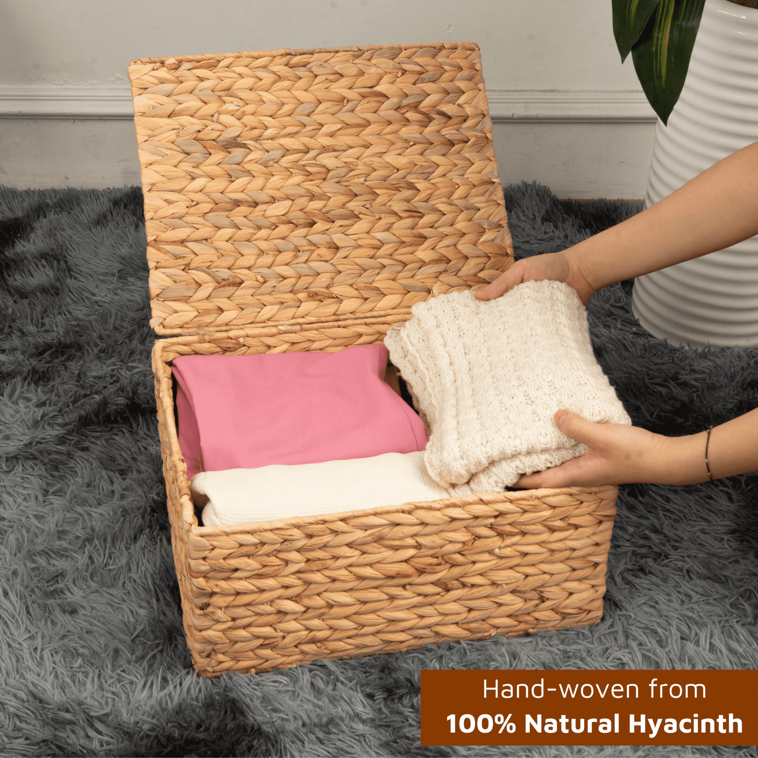 Wicker Storage Baskets with Lid, Basket With Lid Decorative Storage Rectangle 14"D X 11"W X 7"H Wicker Storage Basket With Lid Large Rattan Storage Box Hyacinth Baskets