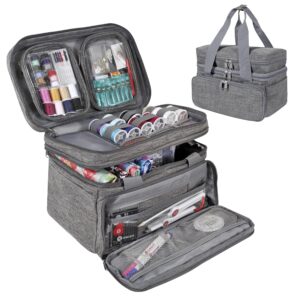 singer sewing accessories organizer (bag only) – double layer portable sewing storage bag | 2 detachable pouches and 18 compartments, large sewing supplies & crafting carry-all (gray)