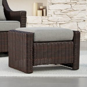 chita patio wicker ottoman, outdoor rattan footrest with removable cushion and adjustable foot levelers for backyard, balcony, apartment or porch, brownish grey cushions with chestnut wicker