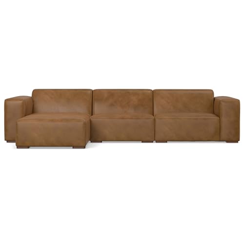 SIMPLIHOME Rex Left-Facing Modular Sectional Sofa in Full-Grain Genuine Leather, Caramel Brown, 122-inches Wide, Handcrafted Modern-Style 4-Seater L-Shaped Leather Couch with Left Chaise